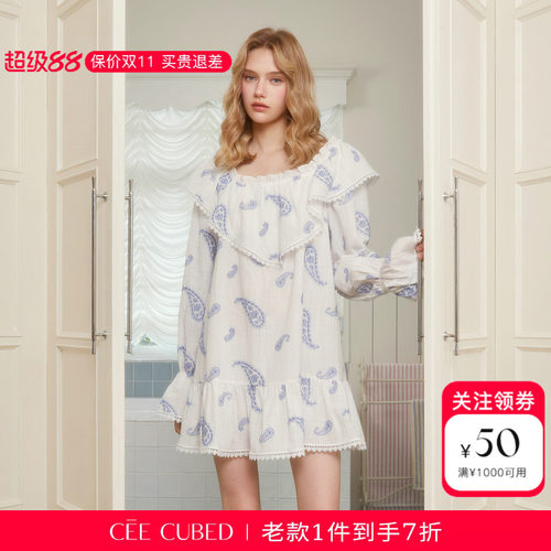 ELLIGIOI白蓝刺绣佩斯利花纹蕾丝边娃娃裙女2026新款