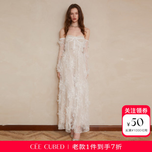CEE CUBED白色蕾丝立体花朵长袖一字肩抹胸长裙连衣裙25早秋新款
