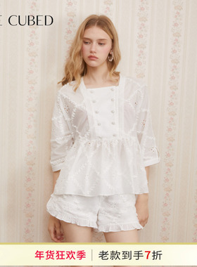 ELLIGIOI白色菱形格刺绣镂空花朵衬衫短裤套装女2025秋季新款