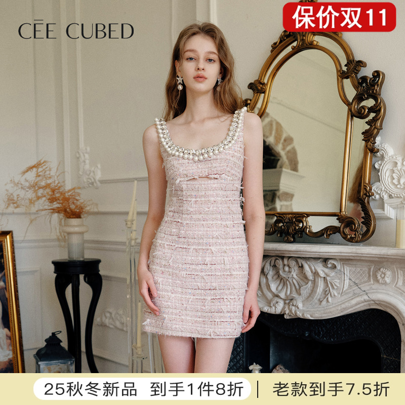 CEECUBED浅粉花纱无袖连衣裙