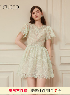 CEE CUBED欧根纱泡泡袖花朵刺绣钻饰收腰礼服连衣裙2025春夏新款