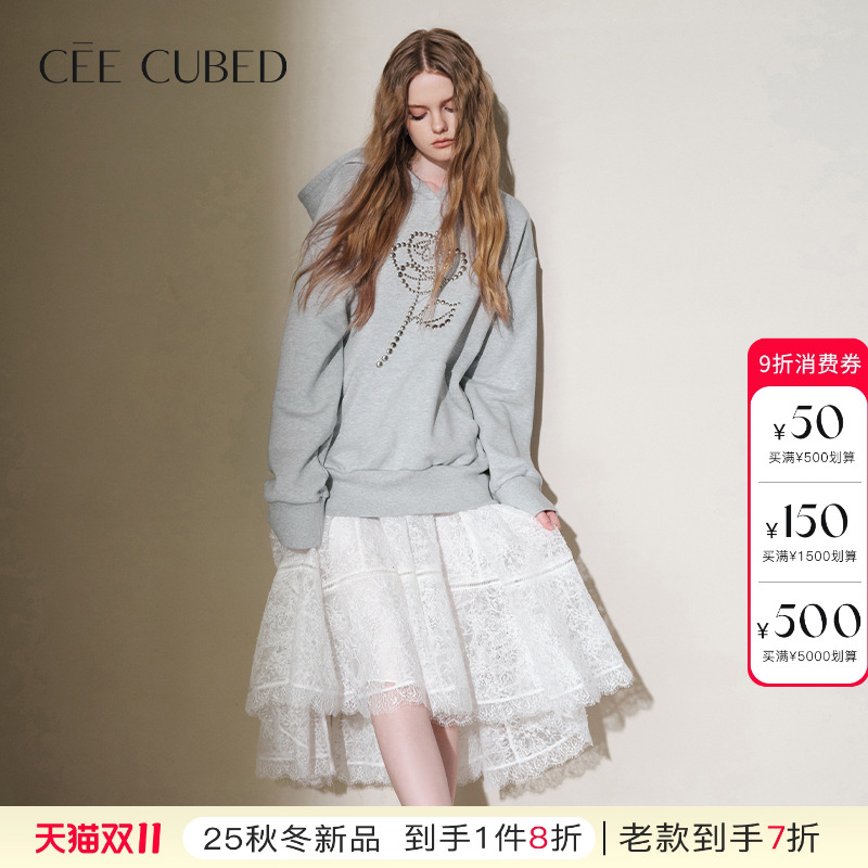 CEECUBED铆钉连帽卫衣蕾丝半裙