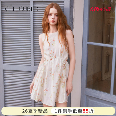 ELLIGIOI米白蝴蝶结立体花朵装饰小礼裙收腰连衣裙女2026夏季新款