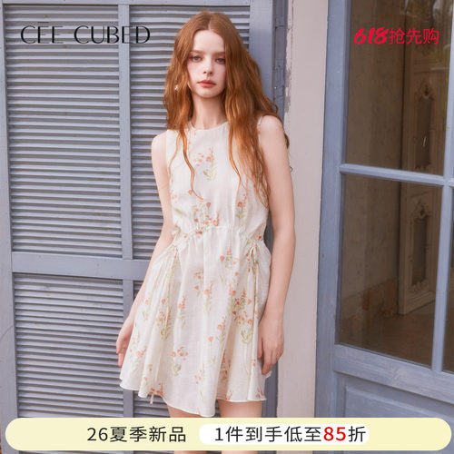 ELLIGIOI米白蝴蝶结立体花朵装饰小礼裙收腰连衣裙女2026夏季新款