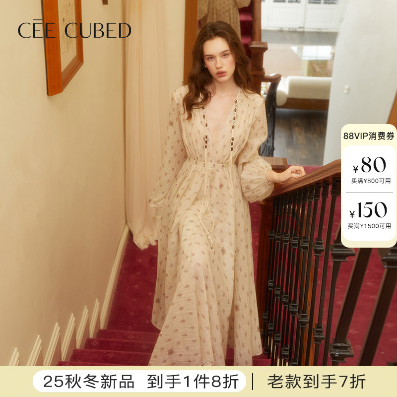 CEECUBED抽绳灯笼袖连衣裙长裙