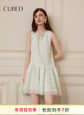 CEE CUBED浪漫盘绣蕾丝蝴蝶结钻饰薄荷绿蓬蓬连衣裙2025春夏新款