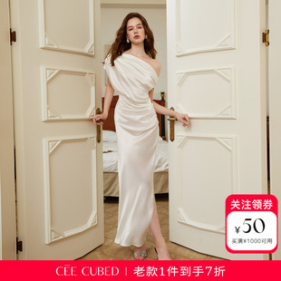 徐如蓝同款CEE CUBED米白修身醋酸不规则斜肩无袖收腰连衣裙女26