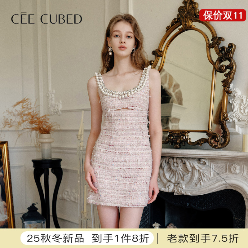 CEECUBED浅粉花纱无袖连衣裙