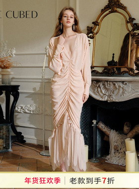 CEE CUBED橘粉珍珠雪纺流苏性感深V连衣裙2025春季新款