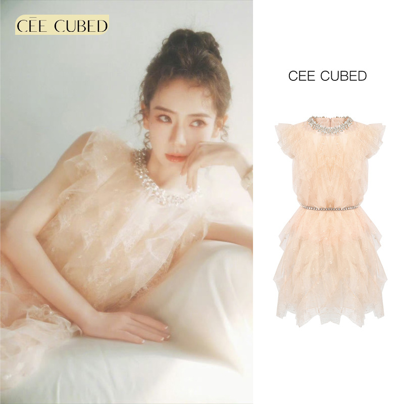 CEECUBED重工荷叶边无袖连衣裙