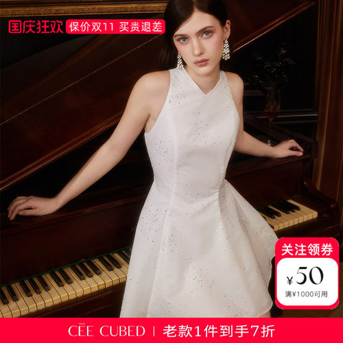 CEECUBED烫钻阔型A摆背心连衣裙
