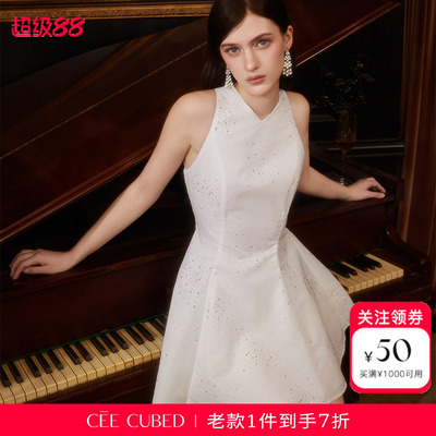 CEECUBED烫钻阔型A摆背心连衣裙