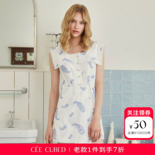 ELLIGIOI白蓝刺绣佩斯利花纹蕾丝边无袖收腰系带连衣裙女夏季新款
