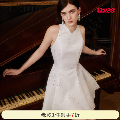 CEECUBED烫钻阔型A摆背心连衣裙