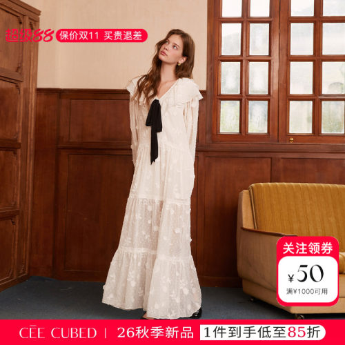 ELLIGIOI白色雪纺绣花连衣裙女