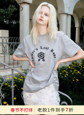 ELLIGIOI灰色印花宽松T恤手工缀饰蕾丝毛须超短半裙女2025夏款