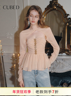 CEE CUBED绉纱雪纺花朵钻饰压褶荷叶边设计感上衣2025年春季新款