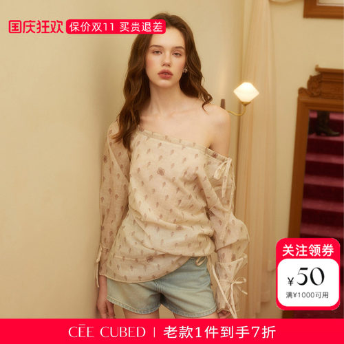 CEECUBED泡泡袖斜肩抽绳衬衫
