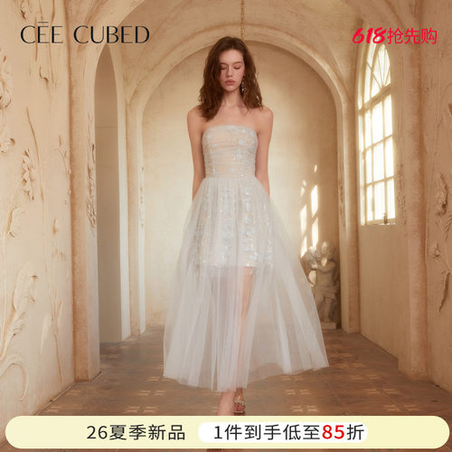 CEECUBED玫瑰网纱抹胸蓬蓬裙