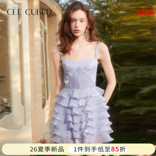 新款 CEE CUBED雾蓝压褶层叠花边吊带蛋糕裙蓬蓬裙千金风女26夏季
