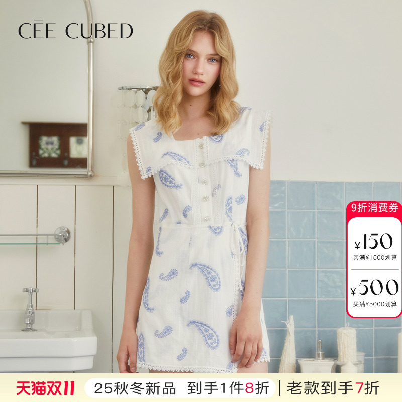 ELLIGIOI白蓝刺绣佩斯利花纹蕾丝边无袖连衣裙女2025秋季新款