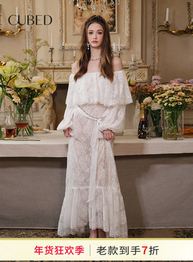 ELLIGIOI白色一字肩蕾丝飘带长袖长裙设计感礼服裙2025春季新款