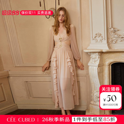 CEECUBED花边露腰雪纺连衣裙女