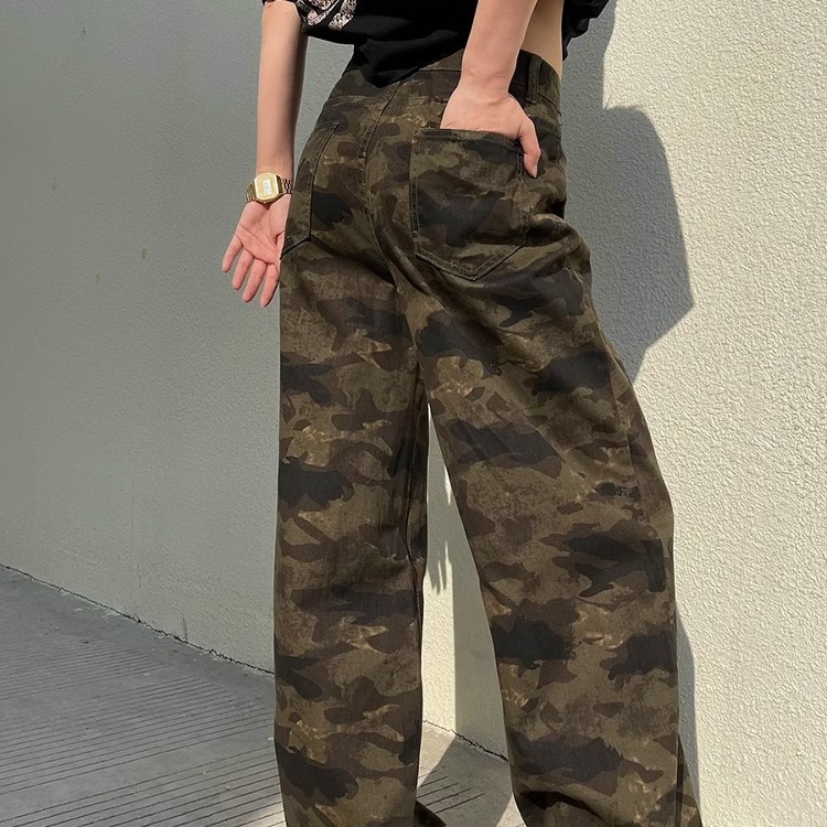 AIYALIU2025年新品水洗复古迷彩牛仔裤女高街显瘦阔腿长裤子潮