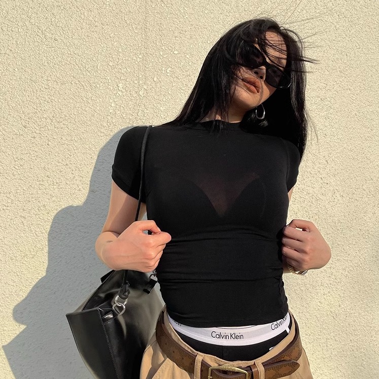 AIYALIU2025年新品基础简约微透修身弹力纯色紧身打底衫