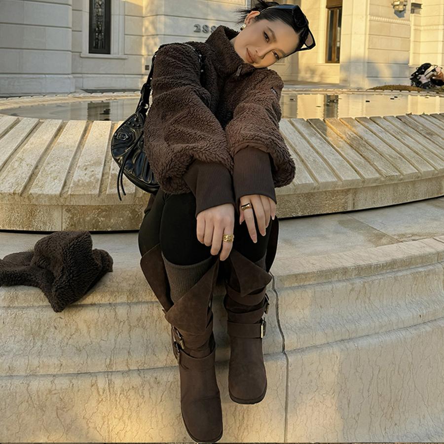 AIYALIY咖色羊羔毛可拆卸帽子加厚夹克短款棉袄外套