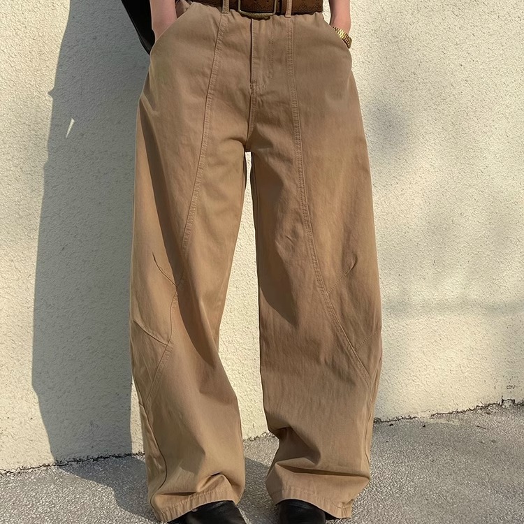 AIYALIU2025年新品纯色设计感两色阔腿中性直筒宽松工装弯刀裤