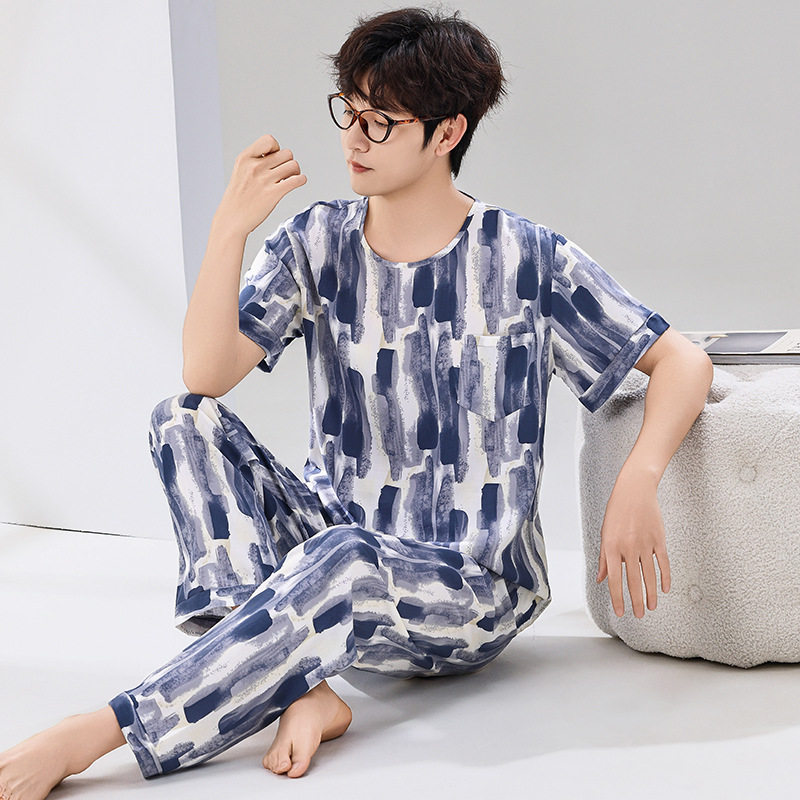 年轻人棉绸衣服棉球套装东风尼呢稠短袖长裤家居服男士东方绸睡衣