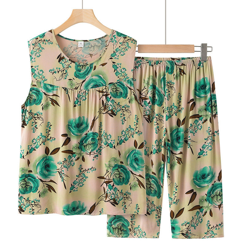 妈妈无袖中裤东方绸睡衣棉球衣服女装东风尼呢套装老人棉绸家居服