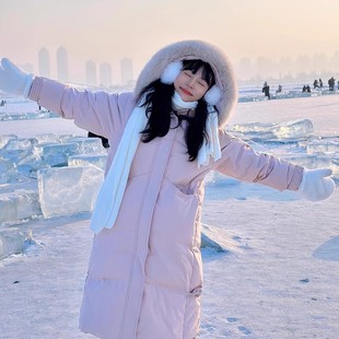 哈尔滨旅游加厚粉色羽绒服女款中长款东北超厚防寒看雪装备小个子