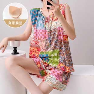 年轻人棉绸衣服棉球套装女东风尼呢粘稠无袖短裤东方绸睡衣带胸垫