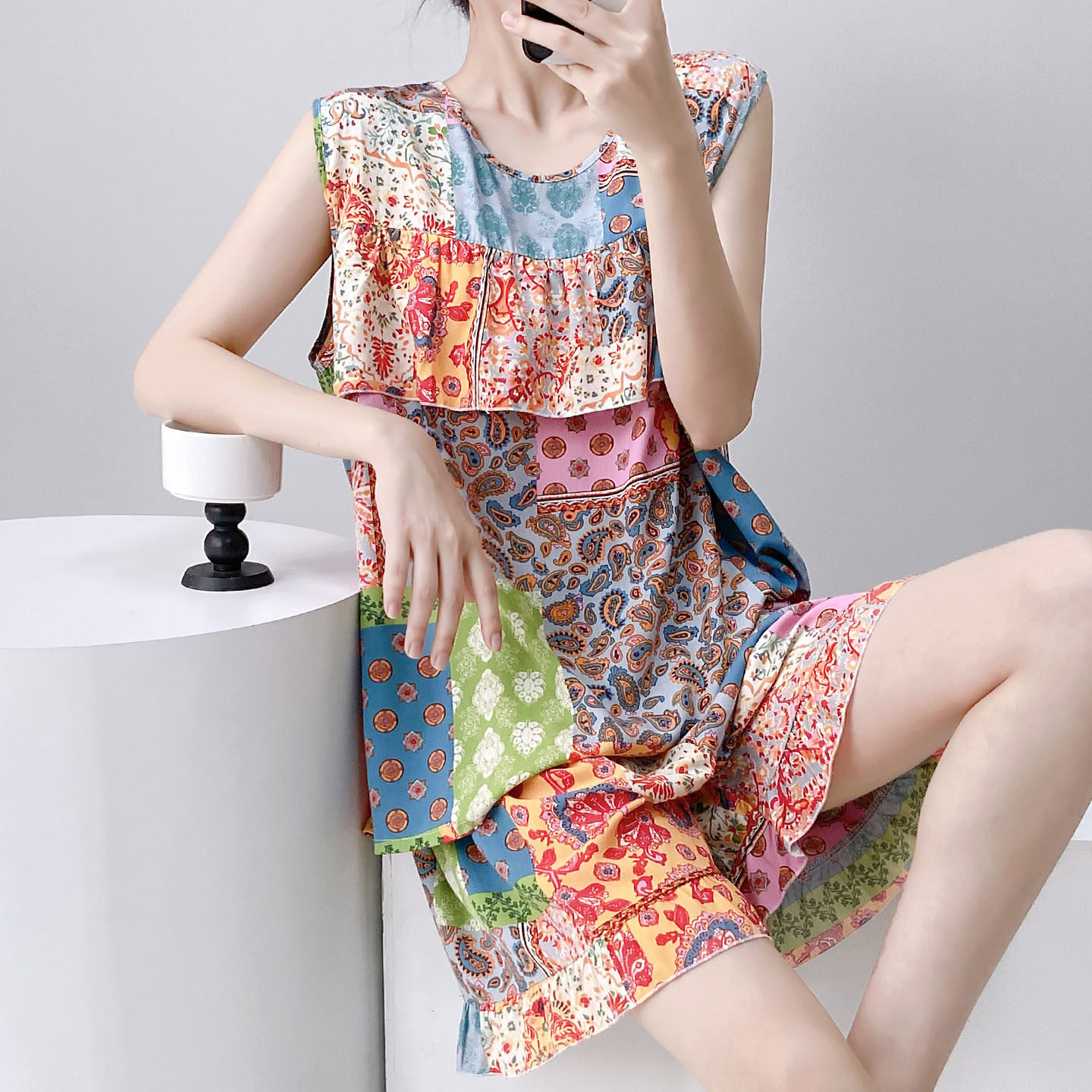 年轻款外穿棉绸衣服棉球套装女东风尼呢无袖短裤防突点东方绸睡衣