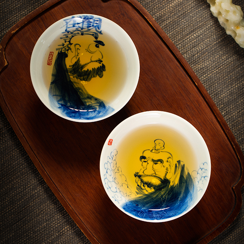 枭窑手工手绘达摩斗笠杯柴窑青花