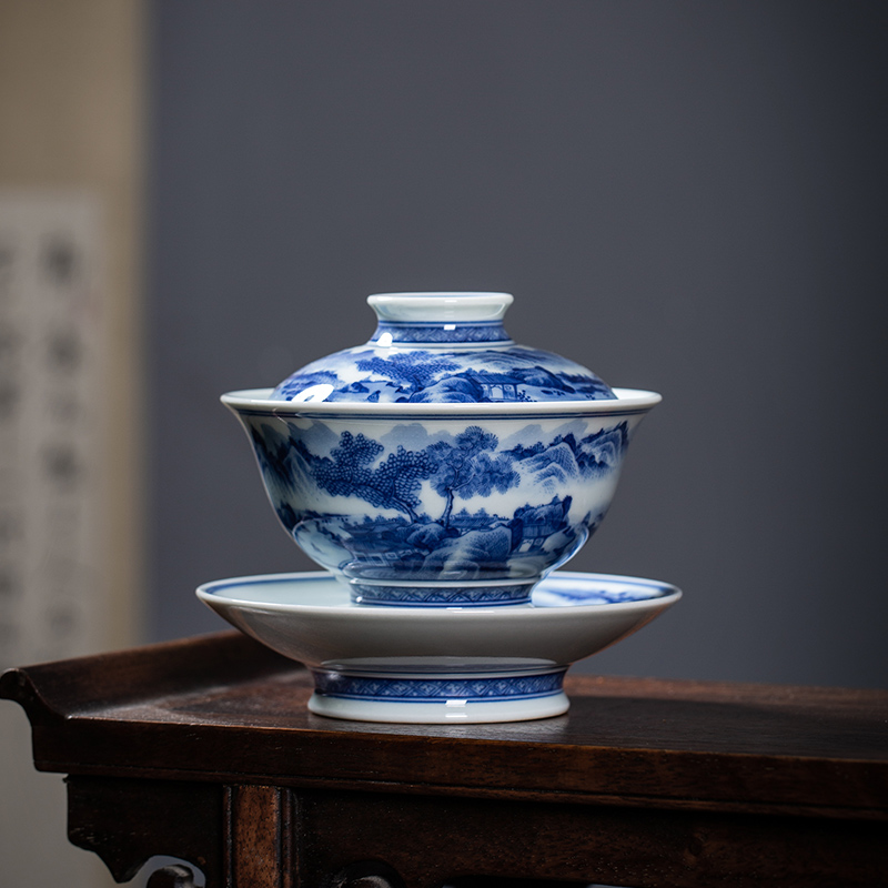 枭窑手工手绘五面山水盖碗柴窑