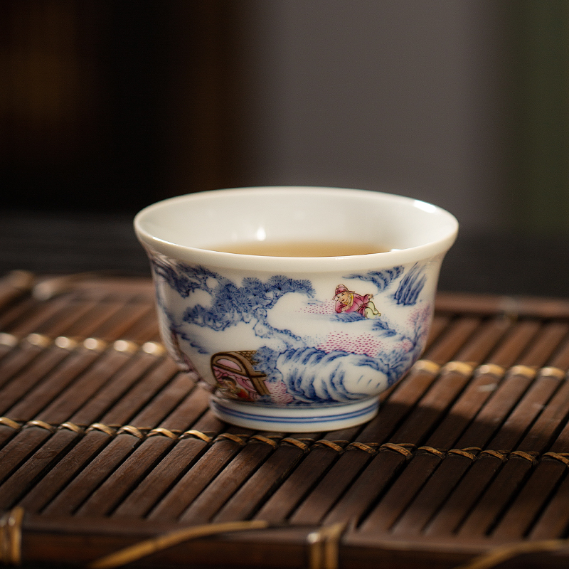 枭窑手工手绘青花斗彩伯牙抚琴杯