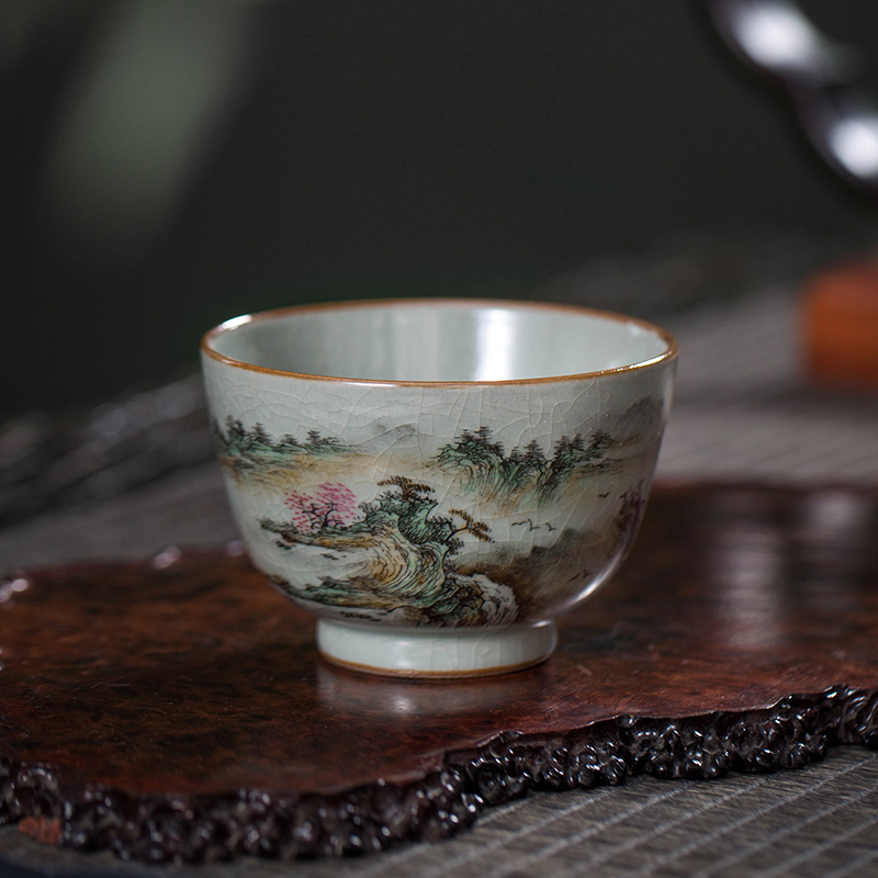 枭窑手工手绘陶泥开片山水杯粉彩