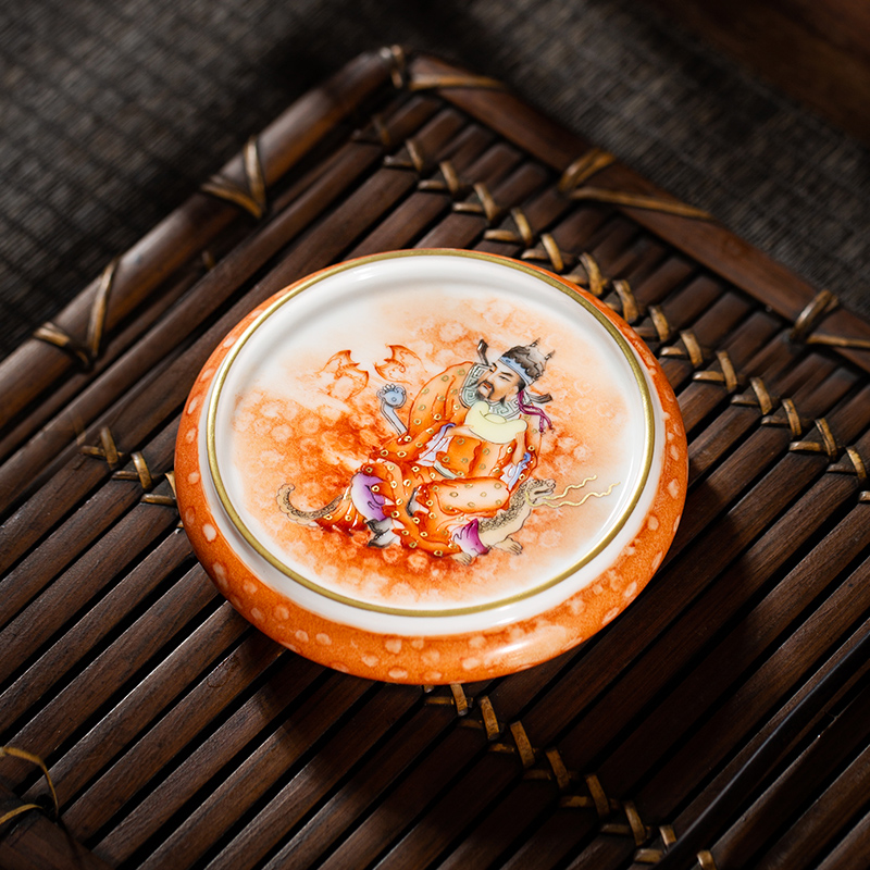 枭窑 财神到手绘矾红描金茶器盖置盖托手工陶瓷景德镇茶具配件