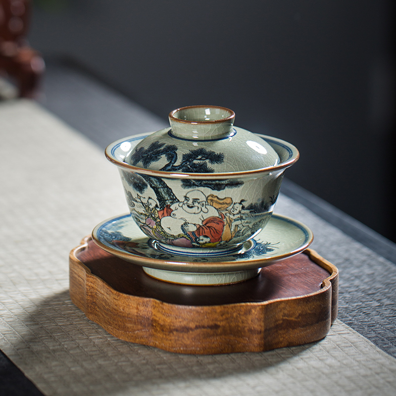 枭窑手工手绘陶泥罗汉童子盖碗柴