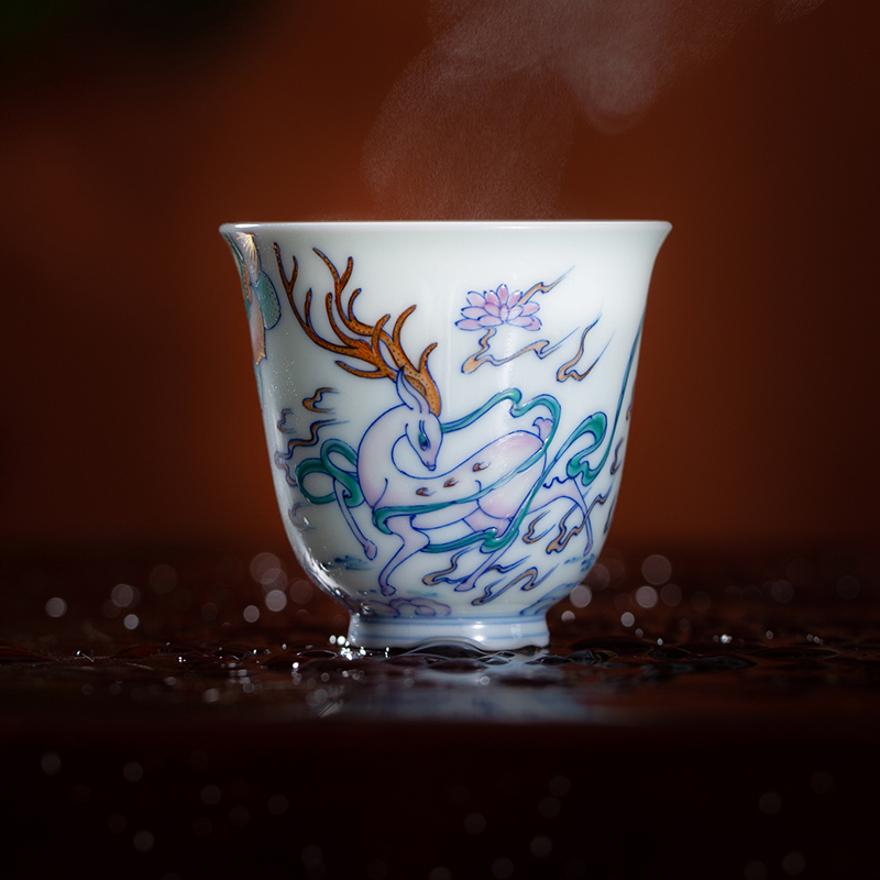 景德镇茶具手绘新式青花斗彩敦煌九色鹿闻香品茗杯主人功夫茶杯
