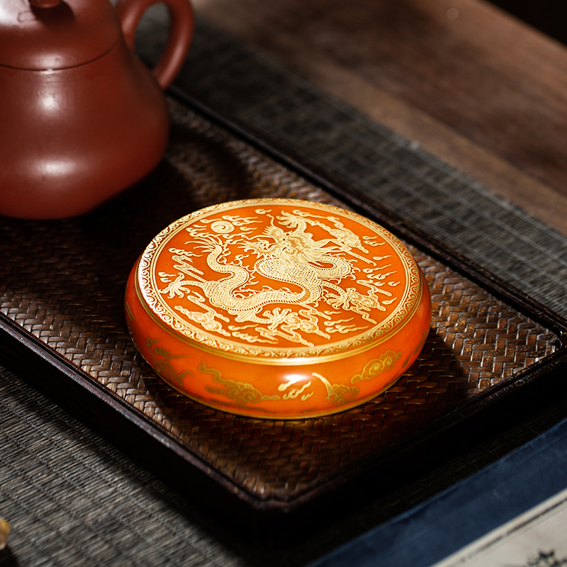 枭窑 矾红描金龙纹收藏茶具茶器盖置盖托重工手绘陶瓷茶具配件