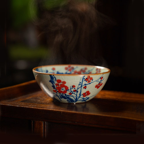 枭窑手工手绘陶泥梅花喜鹊内画杯