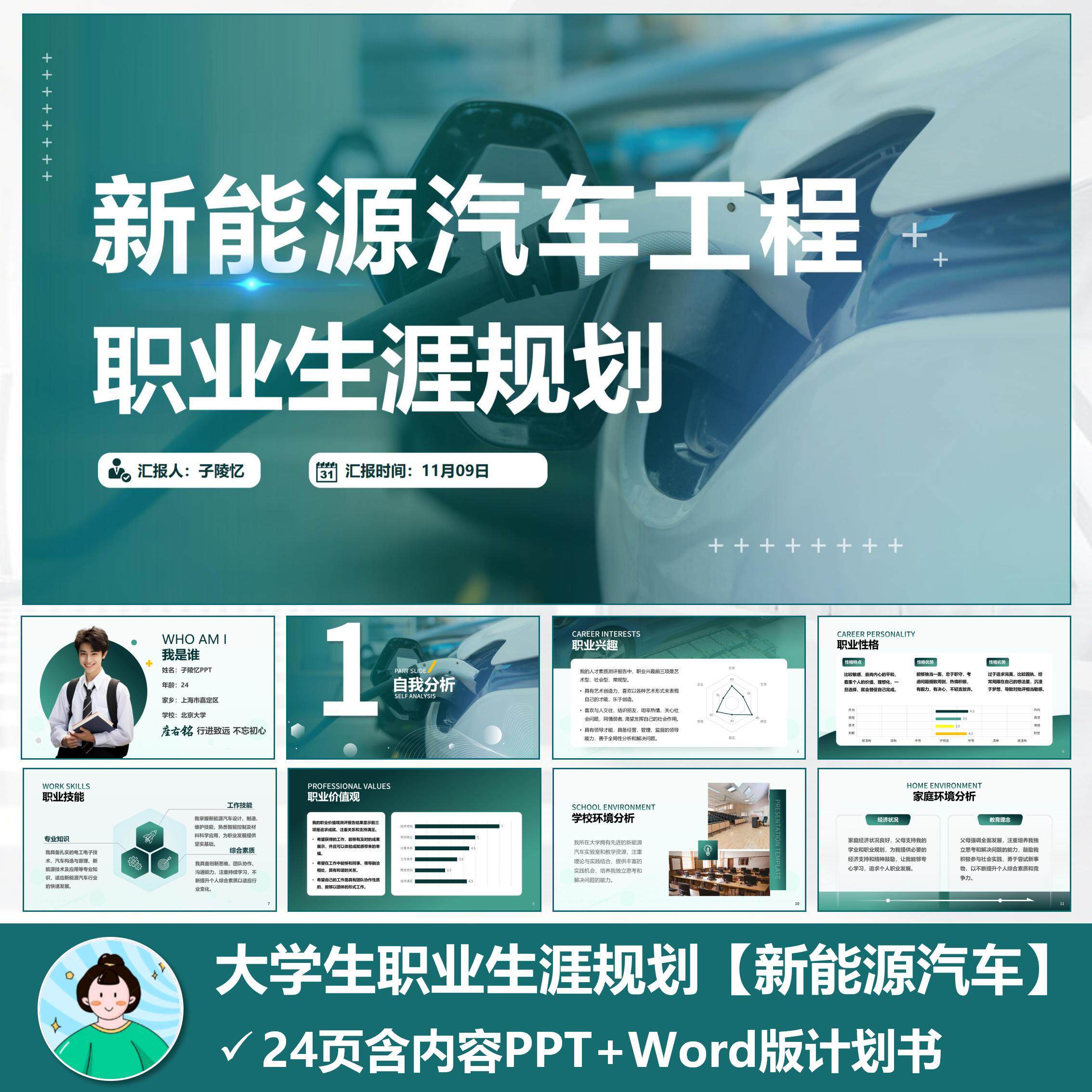 2024年大学生职业生涯规划书【新能源汽车】PPT+规划书含内容