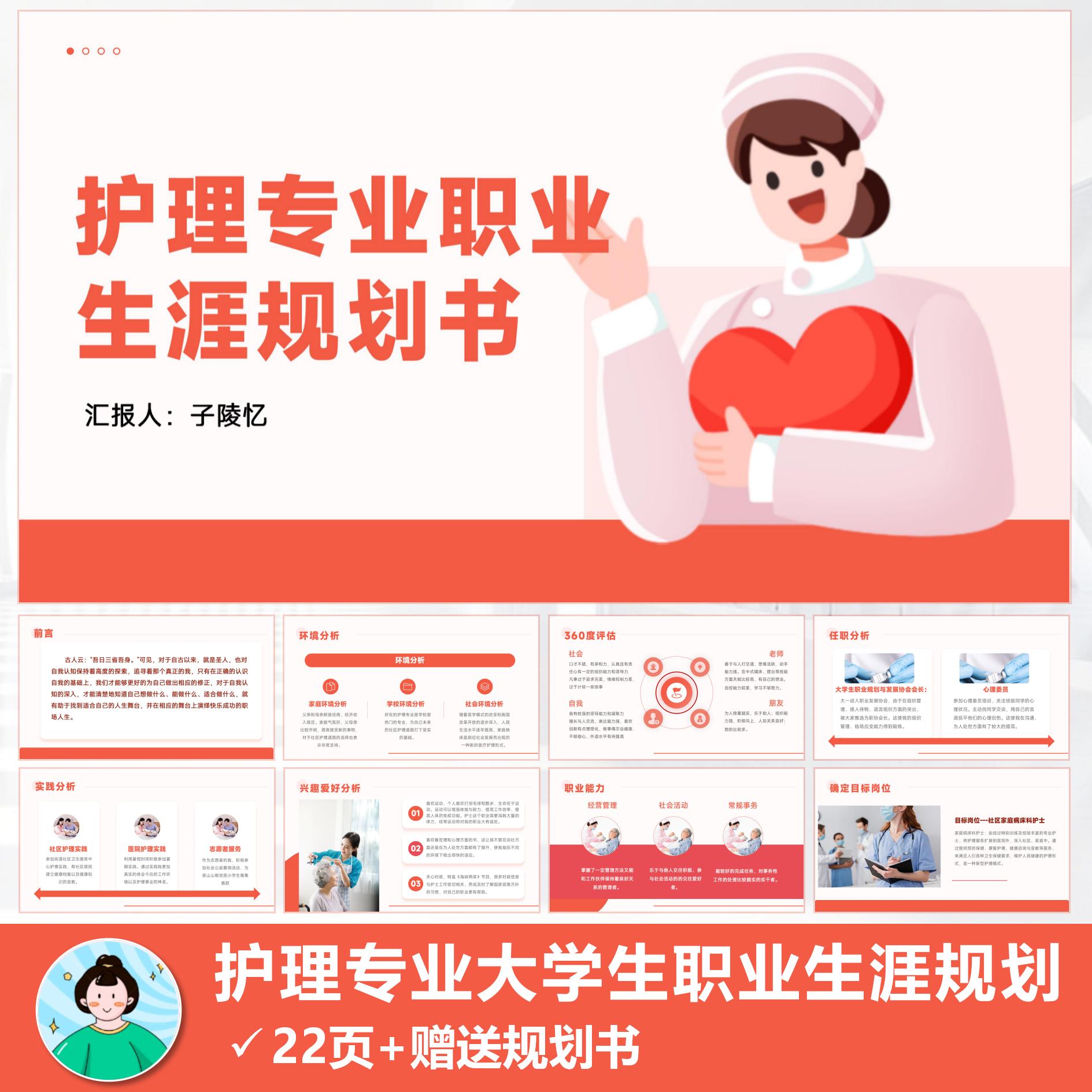 护理专业大学生职业生涯规划PPT模板赠Word规划书【红色版】