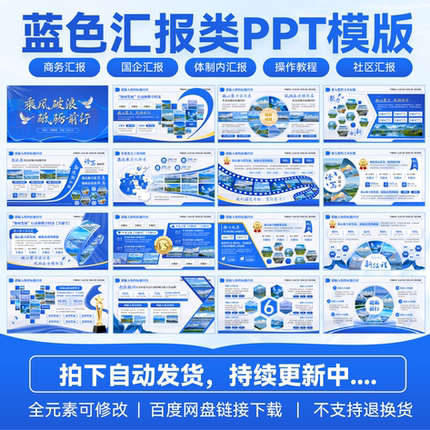 【100页】蓝色高端职场汇报国企单位图文排版工作汇报PPT模板静态