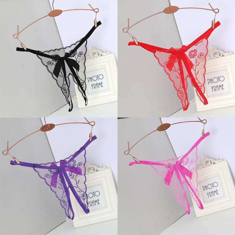 80-150斤 性感丁字内裤女蕾丝开档刺绣网纱透明速干情调低腰t型裤