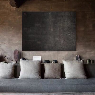 侘寂赤贫风手绘油画纯色民宿客厅大幅肌理装饰画餐厅横幅抽象挂画